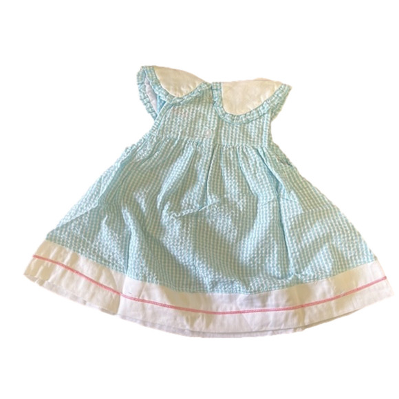 NEW Vintage Seersucker 12 Month Blue White Plaid Flower Collared Prairie Dress - Picture 4 of 6